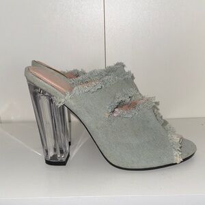 Shoe Republic LA Frayed Light Denim Mules with Clear Block Heel